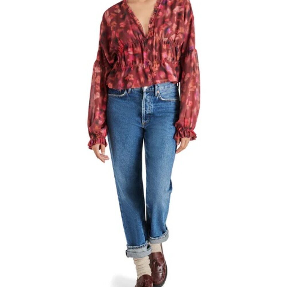 Steve Madden Hollis pink multi color v neck long sleeve top sz XS BNWT - Picture 3 of 5